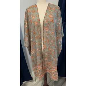 PLANET GOLD PLUS Kimono GREEN 1X Artsy Boho Beach Pool Paisley Tassels Floral